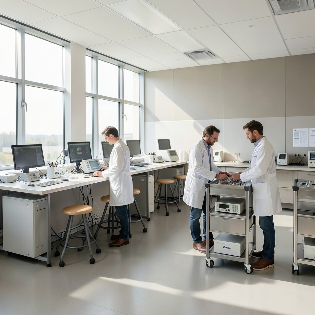 Alderpath tutors preparing a teaching laboratory before a morning session in Cardiff