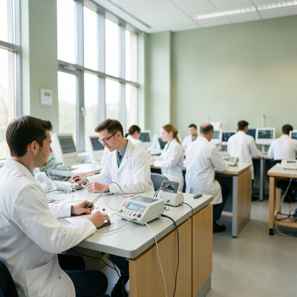 Students working at supervised biomedical measurement benches in a bright Cardiff teaching laboratory