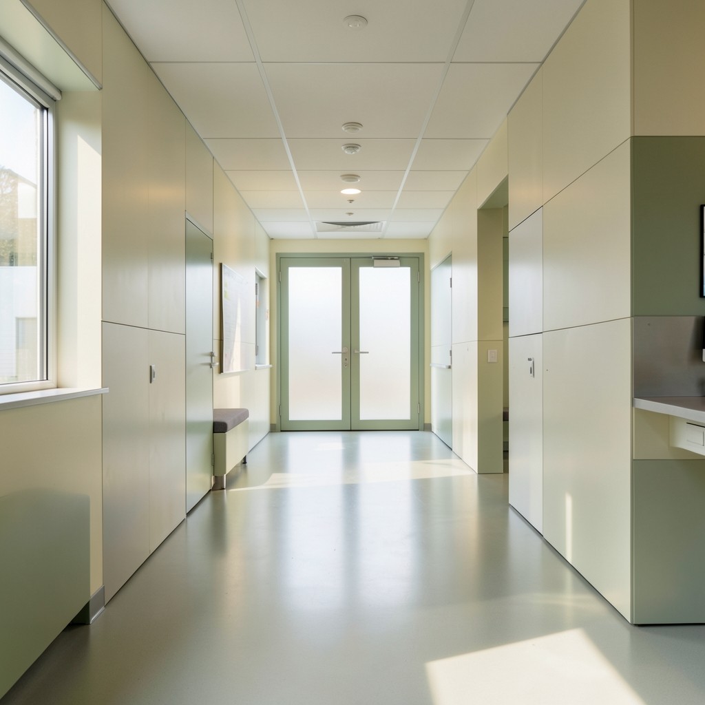 Sunlit corridor leading into Alderpath biomedical teaching laboratories in Cardiff
