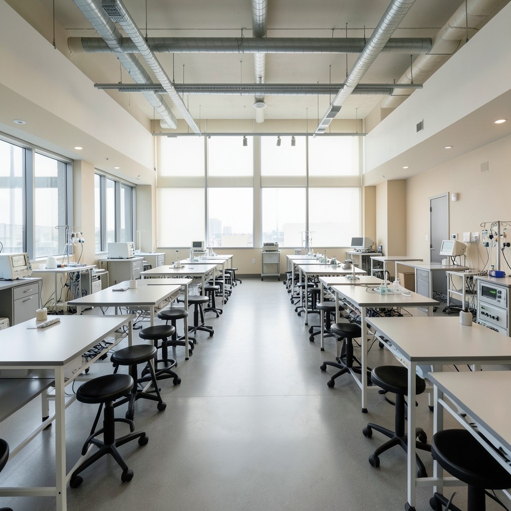 Wide view of Alderpath teaching laboratory benches prepared for a morning cohort
